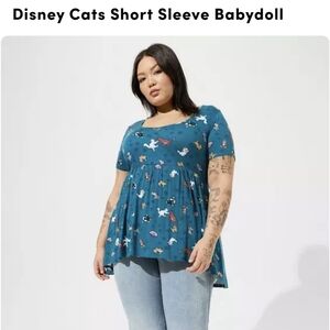 Torrid Disney Cats Short Sleeve Teal Babydoll High Low Top Size 3x NWT
